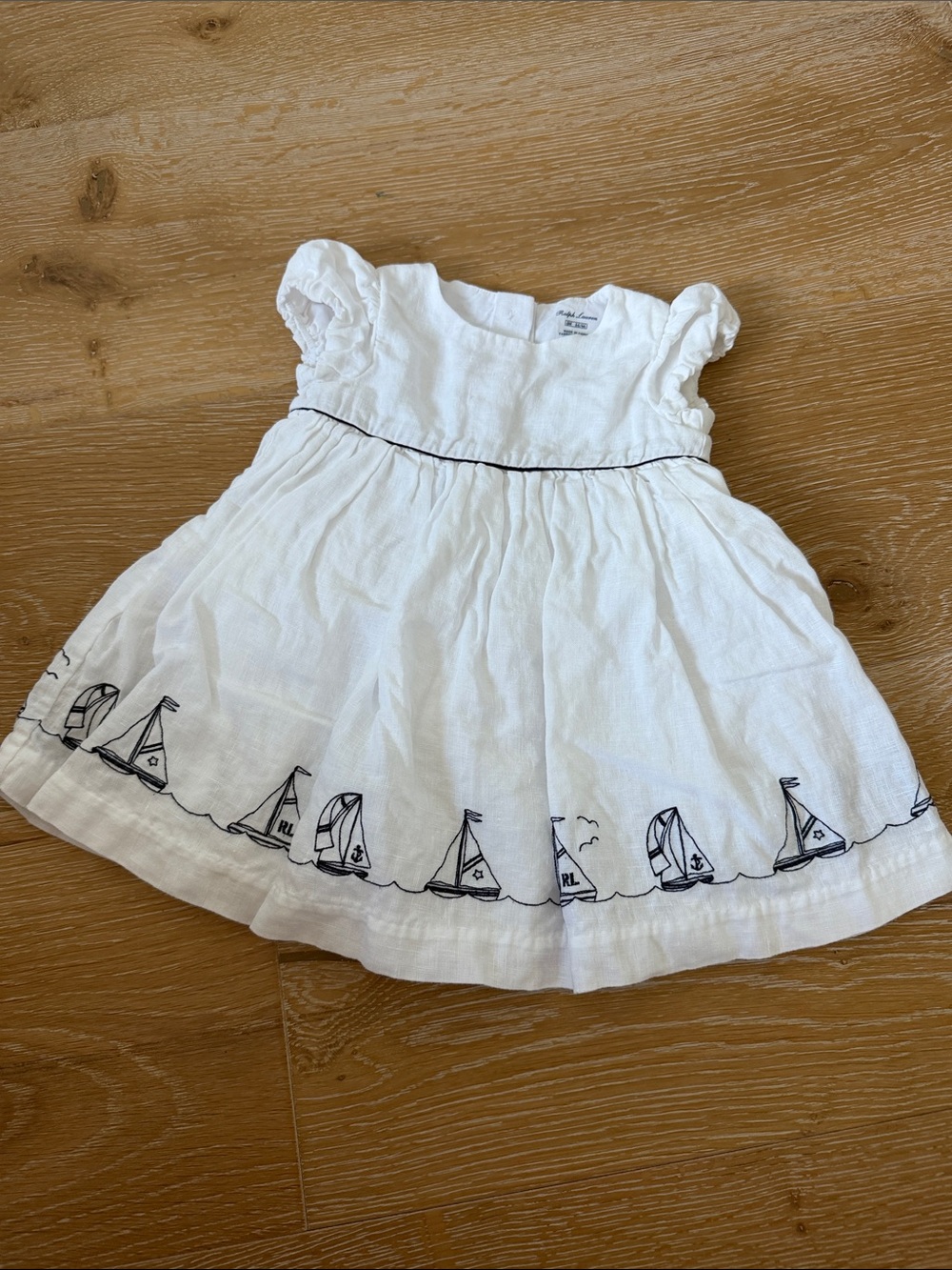 Ralph Lauren White Sailboat Embroidered Baby Dress 100% linen